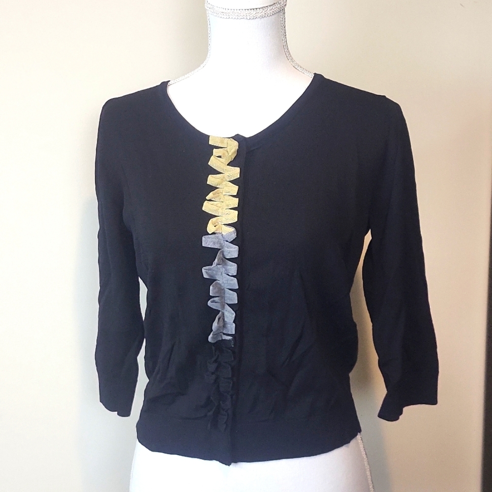 ONE7SIX Black Netted Ruffle Front 3/4 Sleeve Snap Closure Cardigan